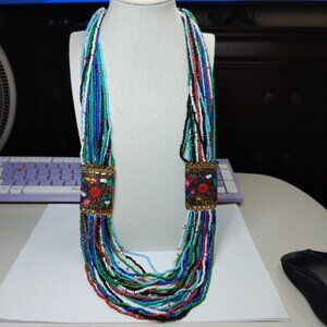 Artisan Beaded Necklace 24-Strand Seed Beads Brass Panels MOP Inlay 34"